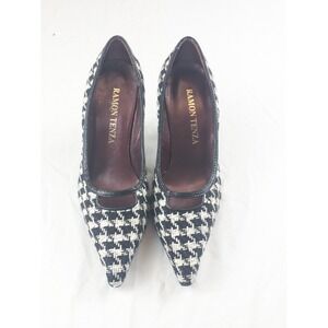 VTG Ramon Tenza Heels 6.5B Woven Black White Leather Fabric High Heel Shoes‎
